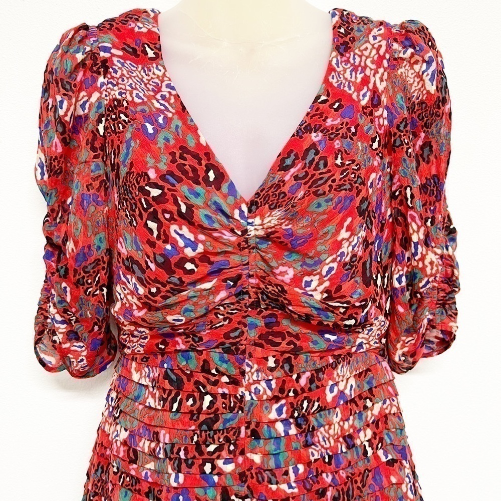 Tanya Taylor Womens Red Leopard Floral Print Pansy Silk Mini Ruffle Dress Sz 2 - Picture 3 of 10
